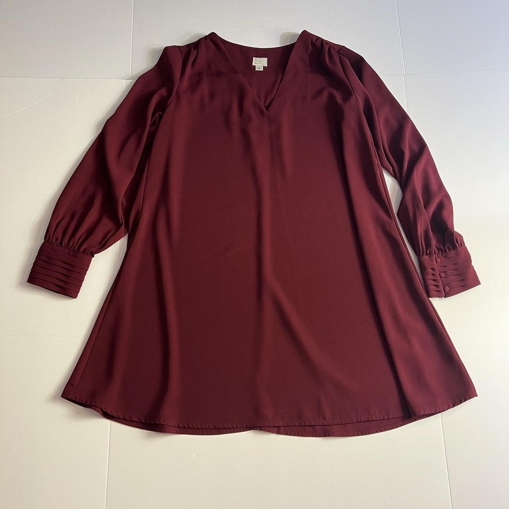 A New Day Women's Maroon Dress Small Long Sleeve V-Neck Knee Length - Picture 1 of 5
